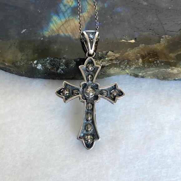 Oxidized Sterling Silver 925 Pearl Marcasite Cross Pendant Necklace 19.5" Chain - Picture 8 of 16